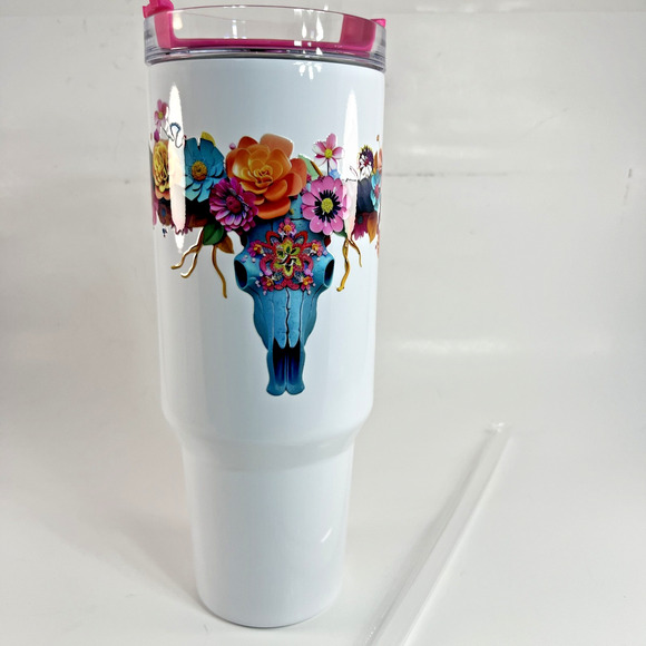 Unbranded Other - Floral Cow Skull Tumbler 30oz Stainless Travel Mug Western